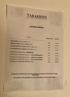 Price list at the winery
